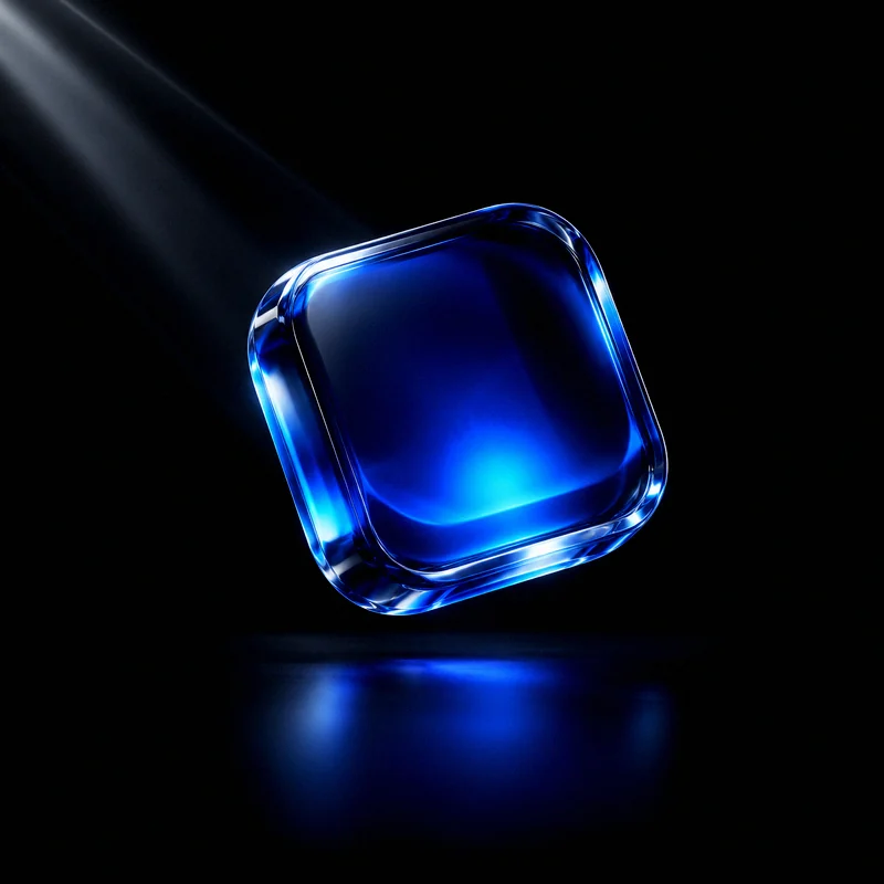 A glowing blue 3D glass object on a black background